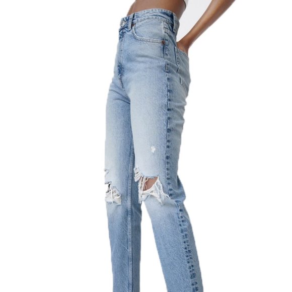 Zara Distressed Medium Wash Denim Straight Leg Jeans - Picture 4 of 11